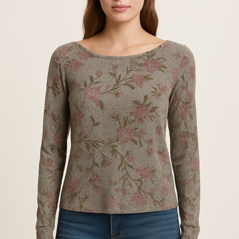 Lucky Brand Floral Ribbed Knit Long Sleeve Top XS Boho Cottagecore